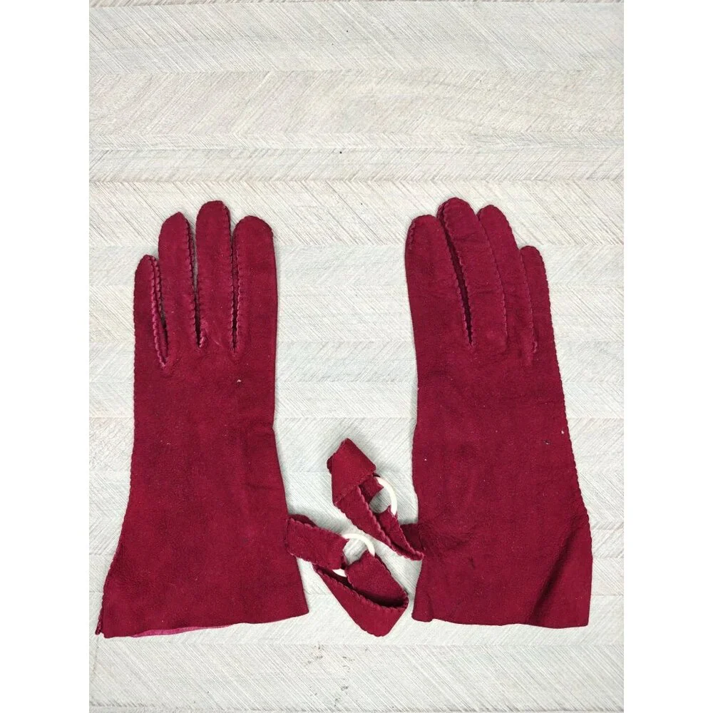 Vintage Women's Suede Gloves 6 3/4 Maroon Red With Straps